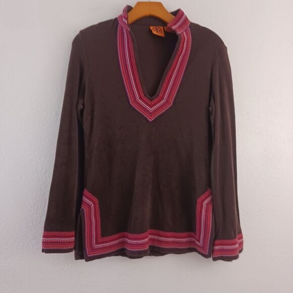 Tory Burch Espresso & Raspberry Stripe Terry Cloth Resort Tunic Beach Swim XS - Picture 1 of 6